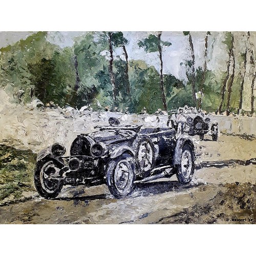 91 - D Dessart, vintage racing cars, Bugatti T50s racing in the 1931 Le Mans 24 Hours, oil on canvas, sig... 