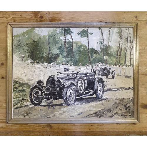 91 - D Dessart, vintage racing cars, Bugatti T50s racing in the 1931 Le Mans 24 Hours, oil on canvas, sig... 