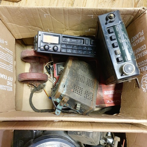 102 - An Ekco valve radio, other radios, and a group of headlamps (2 boxes)