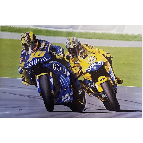 110 - A Gareth 'Gruff' Jones limited edition print, New Challenge, Old Rivals, Rossi and Biaggi, 180/650, ... 