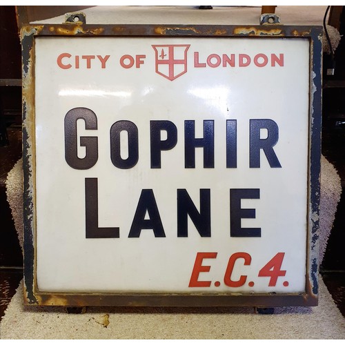 127 - A City of London Gophir Lane E.C.4. opaque glass sign, 41.5 cm square, in a metal frame,   Provenanc... 