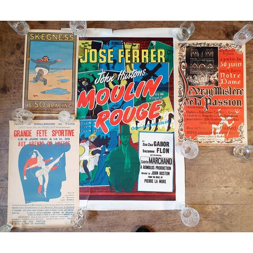 259 - A French Moulin Rouge poster, badly torn, 102 x 70 cm, a French sports poster, a print, and two othe... 