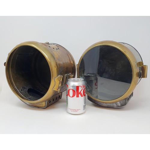 133 - A pair of early 20th century Lynx Paris brass headlamps, bodies only, one lacks its lens, 34 cm high... 