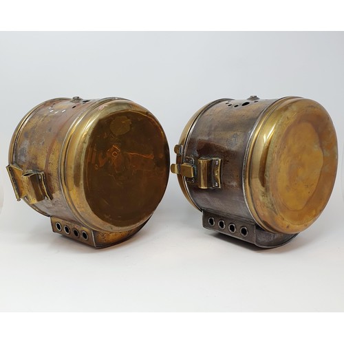 133 - A pair of early 20th century Lynx Paris brass headlamps, bodies only, one lacks its lens, 34 cm high... 