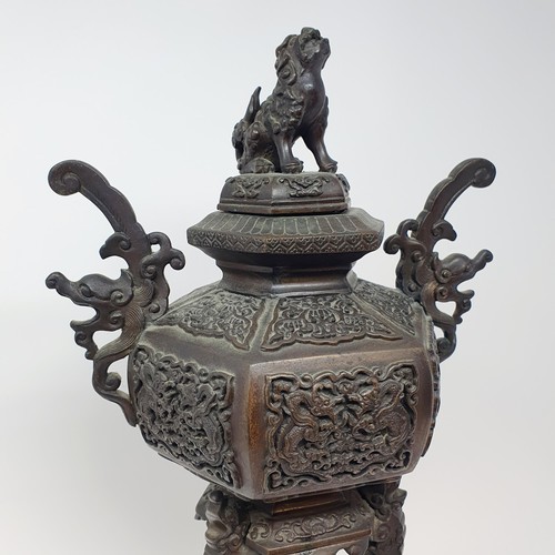 336 - A Japanese bronze koro, cover and stand, with a Dog of Fo cover, 41.5 cm high