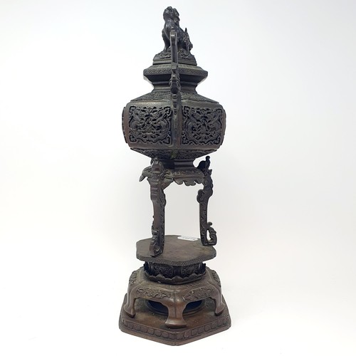 336 - A Japanese bronze koro, cover and stand, with a Dog of Fo cover, 41.5 cm high