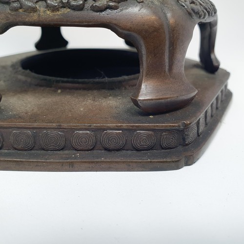 336 - A Japanese bronze koro, cover and stand, with a Dog of Fo cover, 41.5 cm high