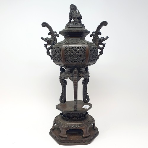 336 - A Japanese bronze koro, cover and stand, with a Dog of Fo cover, 41.5 cm high