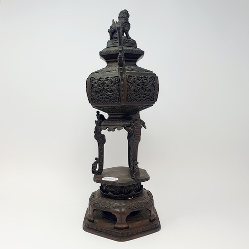 336 - A Japanese bronze koro, cover and stand, with a Dog of Fo cover, 41.5 cm high