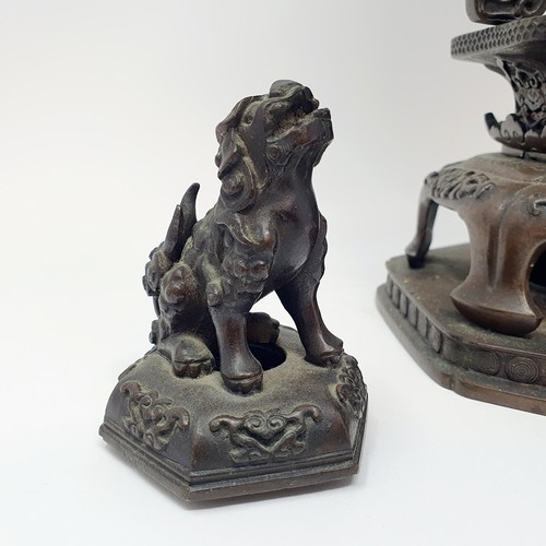 336 - A Japanese bronze koro, cover and stand, with a Dog of Fo cover, 41.5 cm high