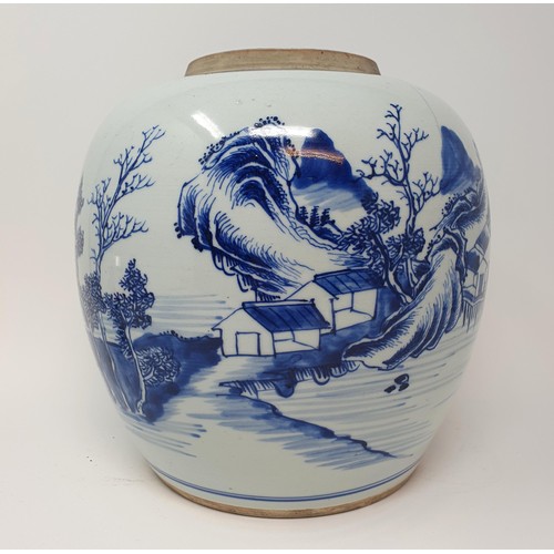 350 - A Chinese blue and white ginger jar, decorated a landscape, 25 cm high