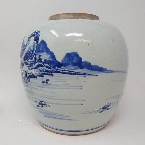 350 - A Chinese blue and white ginger jar, decorated a landscape, 25 cm high