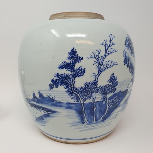 350 - A Chinese blue and white ginger jar, decorated a landscape, 25 cm high