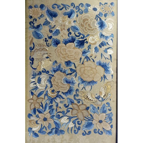 349 - A pair of Chinese silk embroidered panels, decorated flowers and butterflies, 34 x 20 cm, and a pith... 