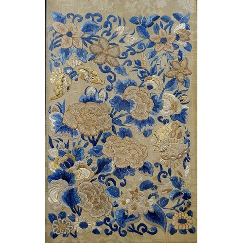 349 - A pair of Chinese silk embroidered panels, decorated flowers and butterflies, 34 x 20 cm, and a pith... 