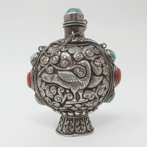 309 - An Eastern silver and hardstone snuff bottle, 10 cm high