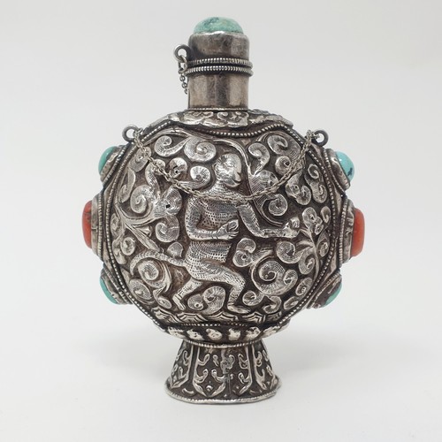 309 - An Eastern silver and hardstone snuff bottle, 10 cm high