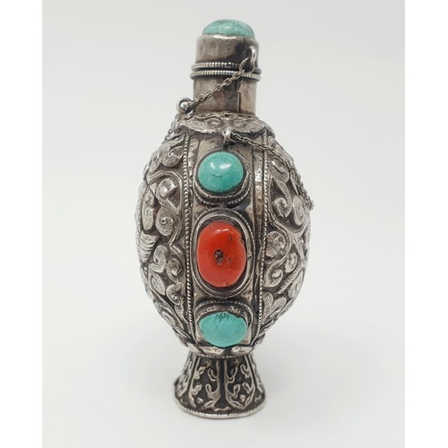 309 - An Eastern silver and hardstone snuff bottle, 10 cm high