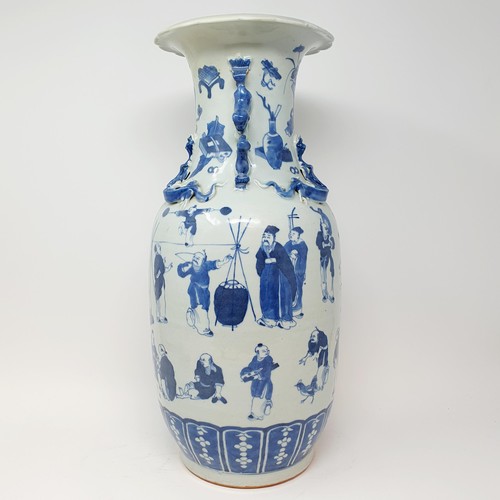 364 - A Chinese blue and white baluster vase, decorated warriors and figures in underglaze blue, 45 cm hig... 