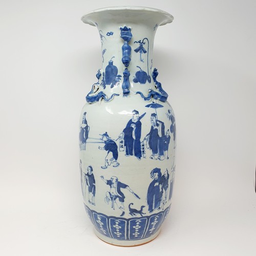 364 - A Chinese blue and white baluster vase, decorated warriors and figures in underglaze blue, 45 cm hig... 