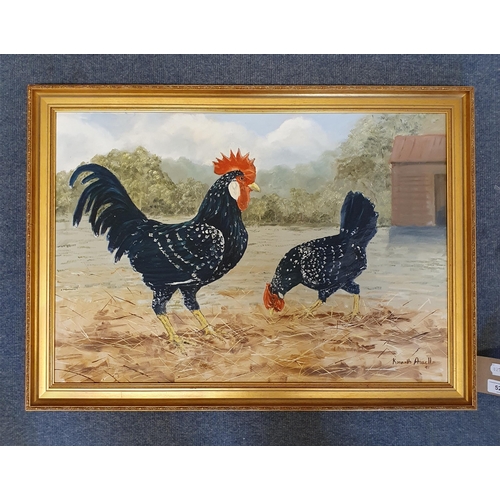 528 - Kenneth Ansell, study of a cockerel and a chicken, oil on canvas, signed and dated '91, 44 x 64 cm