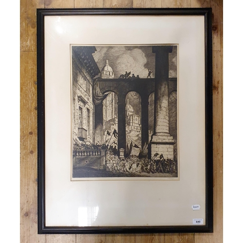 640 - An early 20th century engraving, of a siege, indistinctly signed, 52 x 42 cm