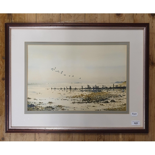 643 - David Wilson, Evening Flight Caldy Shore, watercolour, initialed, 30 x 46 cm, artist's label verso