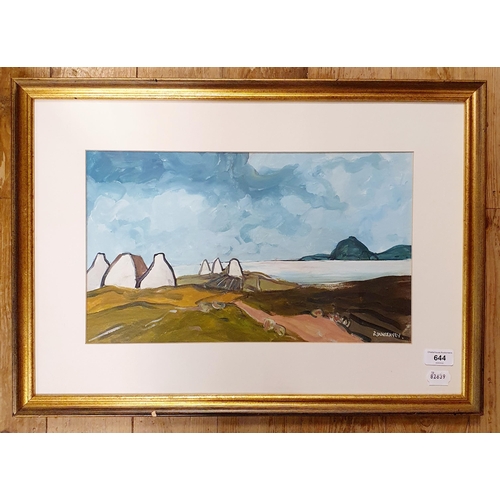 644 - Robert Dunleavey (Irish), a landscape with buildings, oil on board, signed, 27 x 44 cm