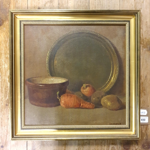 650 - Dymond, still life, with carrots and potatoes, oil on board, signed, 35 x 36 xcm