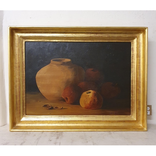 653 - John Sell Cotman, still life of a vase and apples, oil on canvas, signed, 42 x 61 cm