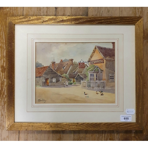 655 - E M Southby, a village scene with a pub, watercolour, signed, 21 x 28 cm