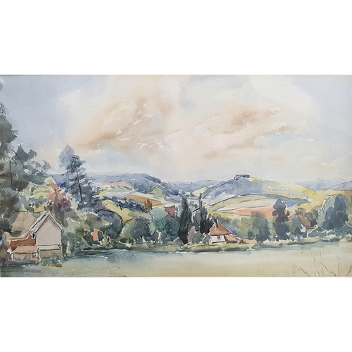 659 - Julia Coleridge, landscape, watercolour, 27 x 45 cm, artists label verso, M H Tyler, poppy field, wa... 