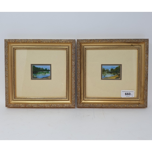 660 - A miniature landscape, initialed E, 5 x 5 cm and its pair (2) 
Provenance:  Sold on behalf of SNCB S... 