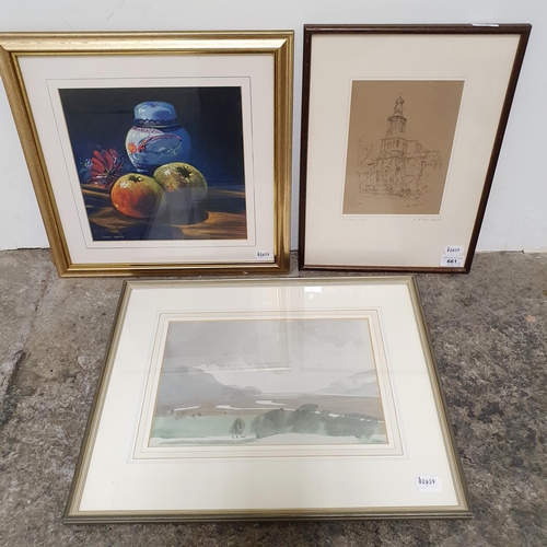 661 - Charles Knight, a landscape, watercolour, 23 x 32 cm, Dennis Oakes, still life of a ginger jar and a... 