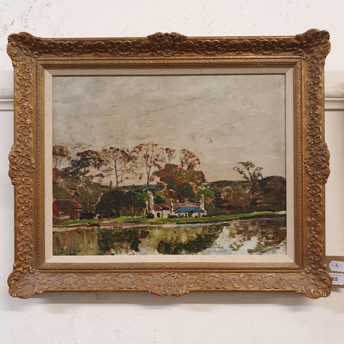 665 - Carel Weight (British 1908-1997), river scene with buildings, oil on canvas, initialed, 35 x 44 cm, ... 