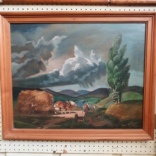 671 - Hans Konkels, a farming scene, oil on board, signed, and dated 1946, 41 x 51 cm, boats on calm water... 