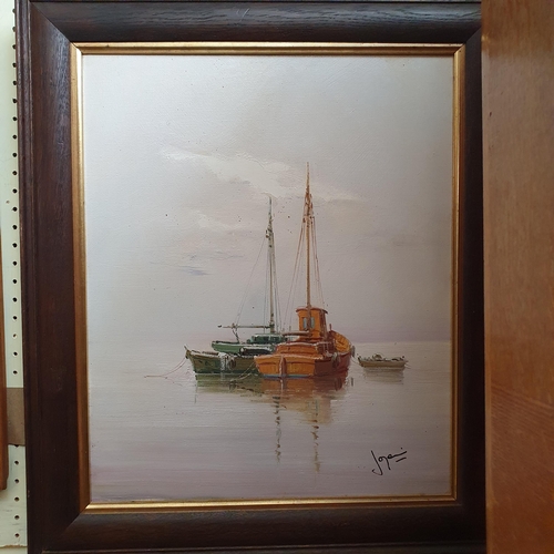 671 - Hans Konkels, a farming scene, oil on board, signed, and dated 1946, 41 x 51 cm, boats on calm water... 