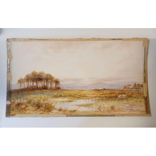 672 - Hannaford, a landscape with sheep and cattle, watercolour, signed, 40 x 74 cm