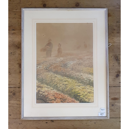 677 - J S Yamamoto (Japanese), figures in a flower field, watercolour, signed, 44 x 30 cm