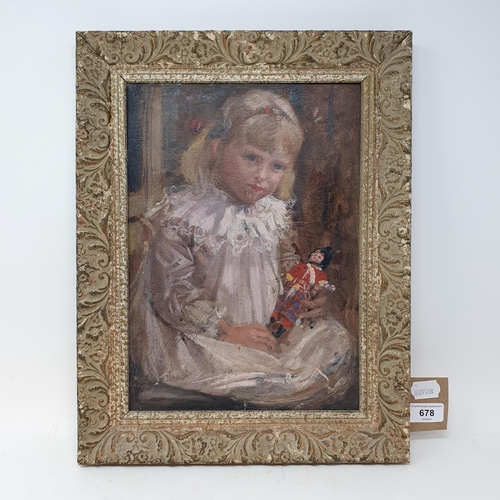 678 - 20th century, English school, a portrait of a young girl holding a doll, oil on canvas, 37 x 24 cm
P... 