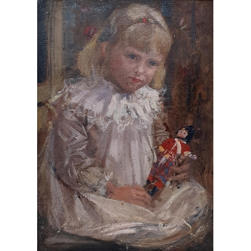 678 - 20th century, English school, a portrait of a young girl holding a doll, oil on canvas, 37 x 24 cm
P... 