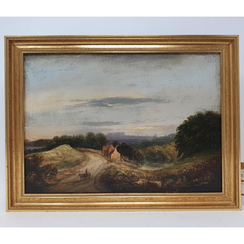 680 - Early 20th century, English school, a landscape with a horse and cart, oil on board, 25 x 33 cm