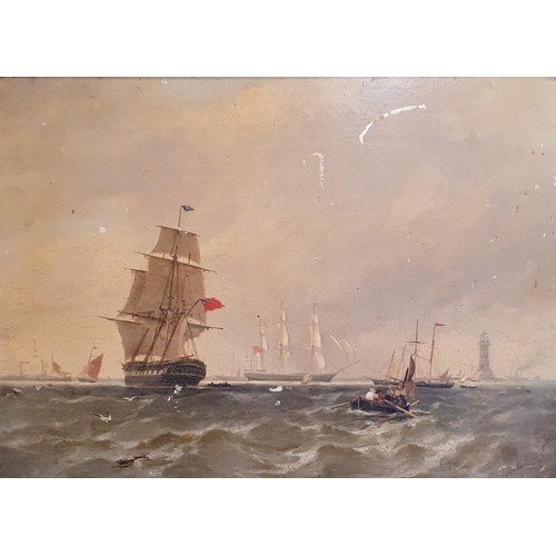 686 - Henry A Luscombe (British 1820-1899), British man of war and other vessels, oil on board, signed and... 