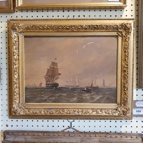 686 - Henry A Luscombe (British 1820-1899), British man of war and other vessels, oil on board, signed and... 