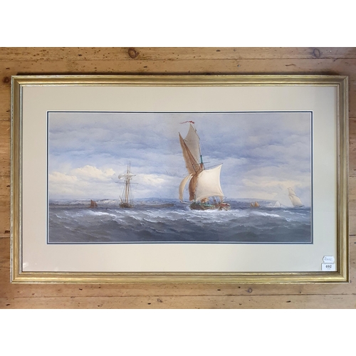 692 - 19th century, English school, ships on rough sea, watercolour, 36 x 75 cm