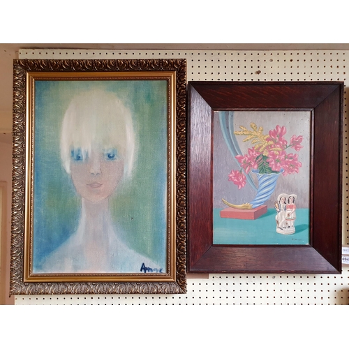 694 - S Wilson, still life, oil on canvas, signed, 38 x 27 cm, and a 20th century portrait, 55 x 36 cm (2)