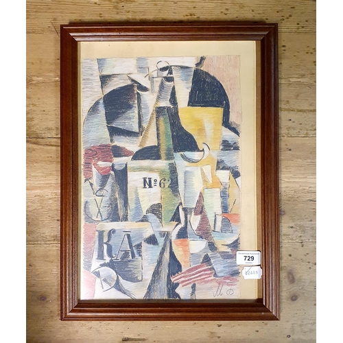 729 - 20th century, Continental school, Cubist scene, pastel, initialed MT, 38 x 25 cm