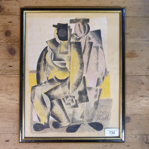 732 - 20th century, Continental school, a Cubist scene, pastel, initialed, 35 x 26 cm