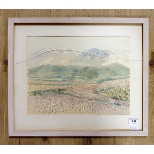 759 - Graham Andrews, a landscape, watercolour, 27 x 36 cm