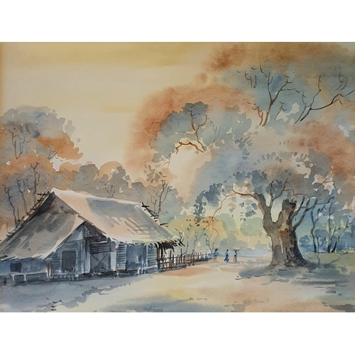 761 - Eastern school, a landscape with a hut, watercolour, 28 x 33 cm